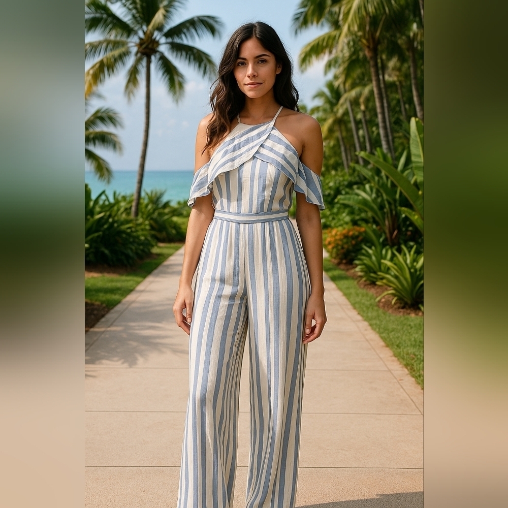 Size 6 American Eagle Blue & White Striped Jumpsuit Flowy Coastal Pin-up Beach